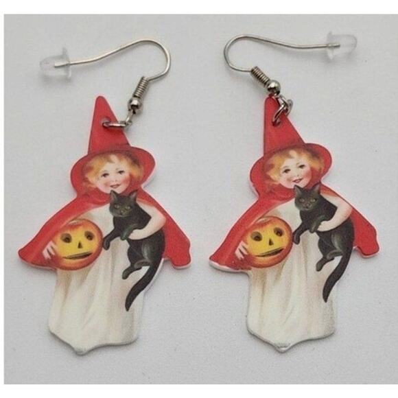 Earrings Little Witch Black Cat Pumpkin Vintage Design Earrings - Picture 1 of 3